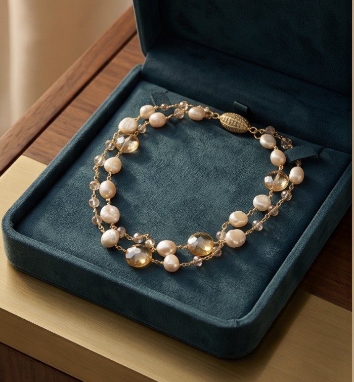 Rainbow Cascade Precious natural Blister Pearl 10K Gold over .925 Sterling Silver Necklace - 10K gold blister pearl necklace in velvet box, top view
