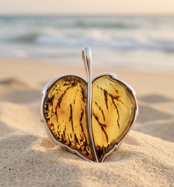 Golden Leaf carved Baltic Polish Amber .925 Sterling Silver handcrafted Pendant / Brooch - Golden leaf Baltic Amber pendant on sand, beach background.