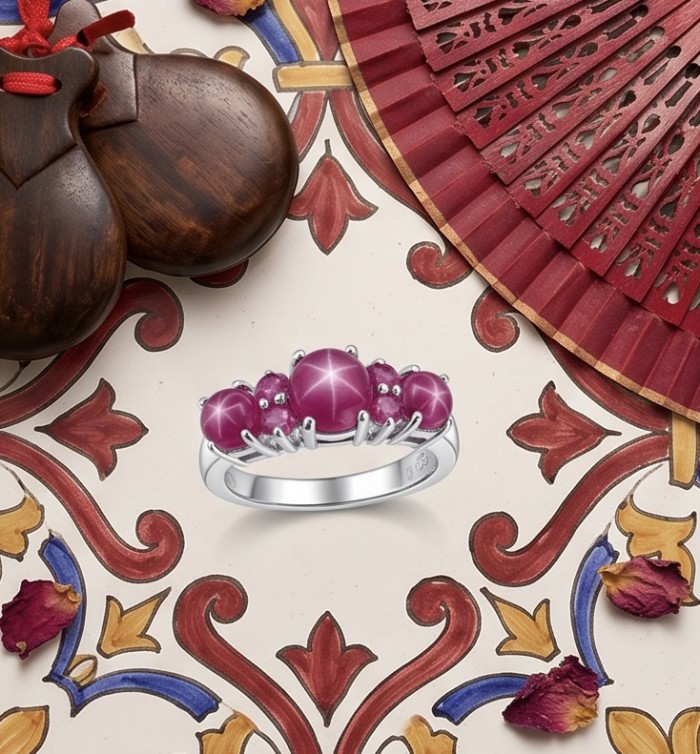 Born to Glam authentic 4.2 carat Ruby rhodium over .925 Silver handcrafted Ring s. 7 1/2 - Ruby ring on patterned surface with wooden and fabric accents