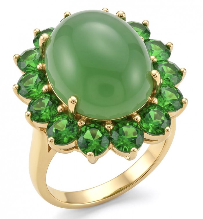 Rare! Fiammetta oval cut 18.2 carat Green Tourmaline Tsavorite Garnet .925 Sterling Silver dipped in 22k Gold entirely handmade Ring size 7 - Green tourmaline ring, top view, gold setting with tsavorite accents