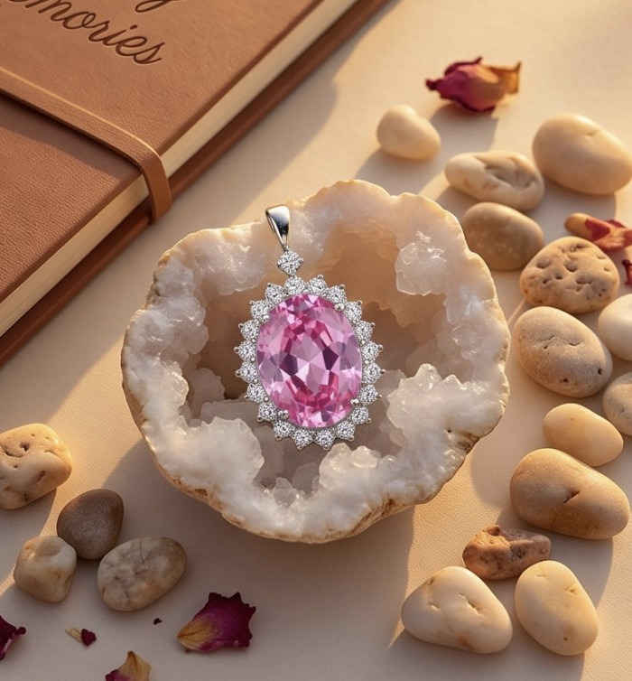 Incredible oval cut 15.8 carat Pink Sapphire .925 Sterling Silver handcrafted pendant - Pink sapphire pendant in geode, surrounded by stones and petals