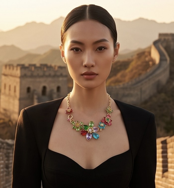 55.2 carat Blooming Garden Natural multicolot Topaz 14k Gold over .925 Sterling Silver handcrafted Statement necklace - Model wearing Blooming Garden necklace against historic background.