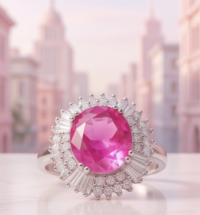 Stella 9.8 carat Brazilian Pink Topaz .925 Sterling Silver Handcrafted Statement Ring size 8 - Close-up of Stella pink topaz ring with halo design, sterling silver.
