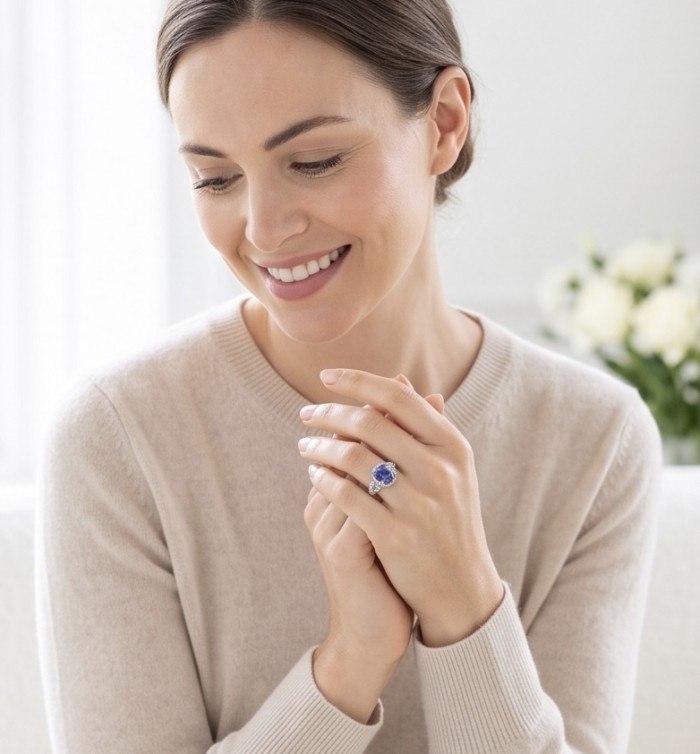Born to Glam 5.2 carat natural Tanzanite .925 Sterling Silver Perfectly handcrafted Ring s. 5 - Woman wearing Born to Glam 5.2 carat Tanzanite ring, hand close-up.