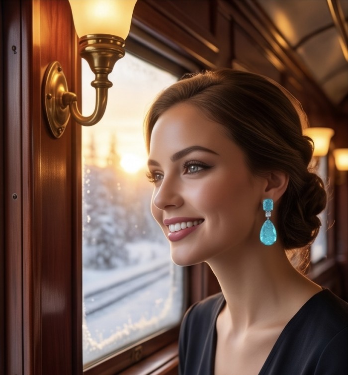 Divine Beauty 18.5 carat Aquamarine .925 Sterling Silver Handcrafted .925 Sterling Silver handcrafted EARRINGS - Woman wearing Divine Beauty aquamarine earrings on train, side profile.