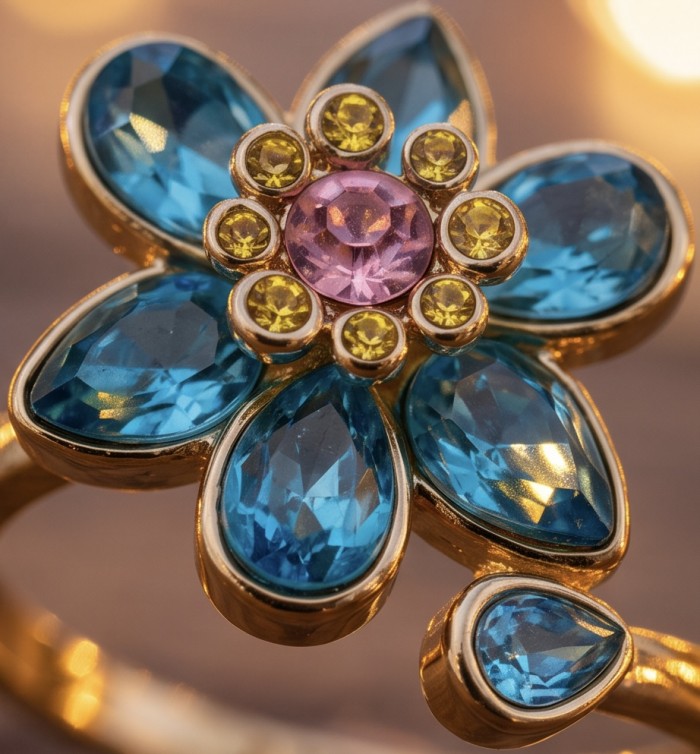 Summer flower 6.5 carat genuine Green Topaz 14K Gold over .925 Sterling Silver handmade Statement Ring size 8 - Close-up of flower-shaped ring with blue topaz and gold setting.