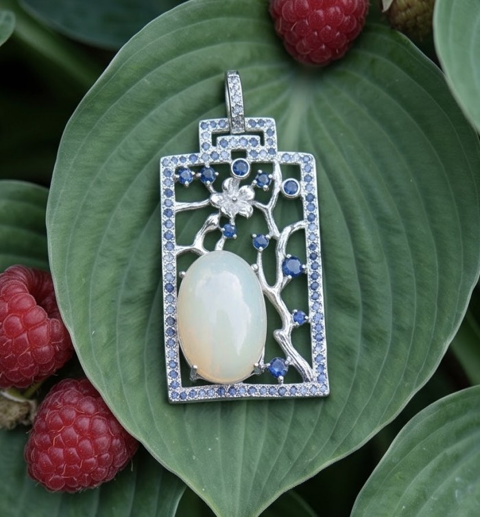 Genuine 7.2 carat Fire Moonstone rhodium over .925 Sterling Silver handcrafted pendant - Moonstone pendant on leaf with raspberry backdrop, front view.