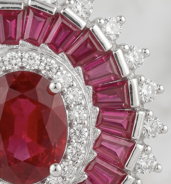 Art Deco - Genuine 3.8 carat Ruby rhodium over .925 Sterling Silver handcrafted Statement Earrings - Stone close-up of Art Deco ruby and diamond sterling silver jewelry