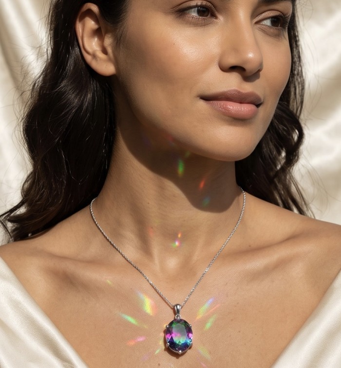 5.2 carat oval cut Brazilian Tourmaline .925 Sterling Silver Perfectly handcrafted pendant - Tourmaline necklace worn on model, reflecting colorful light patterns.
