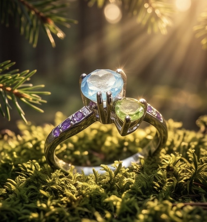 Pacifica 1.8 carat Swiss Blue Topaz .925 Sterling Silver handcrafted ring size 7 - Close-up of Pacifica Swiss Blue Topaz ring in sunlight on moss.