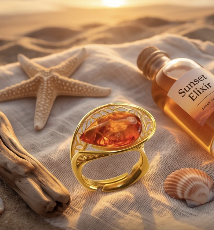 Authentic Baltic Amber 14K Gold over .925 Sterling Silver handcrafted ring; s. 7 adjustable - Amber ring on beach with starfish, bottle, and shells, sunset lighting