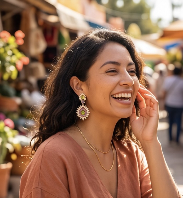 Paloma Authentic 27.2 carat Peridot from Arizona 18k GOLD OVER .925 Sterling Silver handmade Statement earrings - Smiling woman wearing Paloma earrings, showcasing peridot stones.