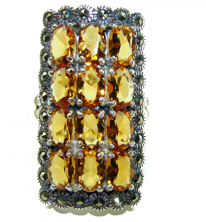 Golden Royalty 44.5 carat Citrine Marcasite .925 Sterling Silver Handcrafted Huge Ring size 8 - Top view of Golden Royalty ring with citrine and marcasite stones.