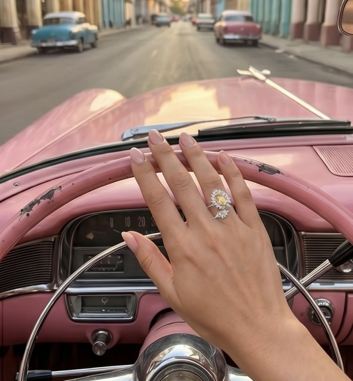 Vivien Luxurious Style - Natural 7.2 carat yellow Sapphire .925 Sterling Silver dipped in Rhodium handmade ring size 8 1/2 - Ring worn on hand while driving a vintage car, yellow sapphire center