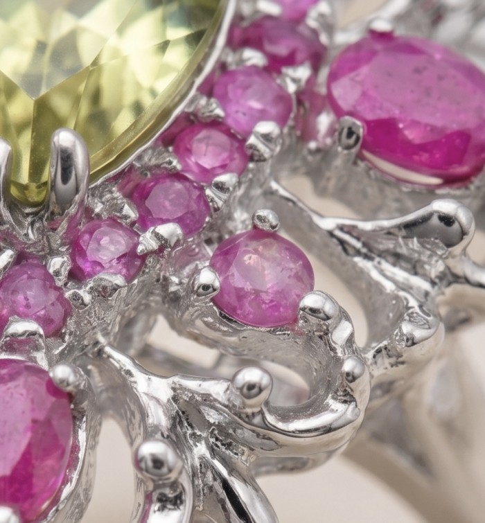 Giovanna - Authentic 17.9 carat Green Amethyst Ruby .925 Sterling Silver dipped in rhodium handcrafted Statement Ring size 7 - Close-up of green amethyst and ruby with silver setting detail.