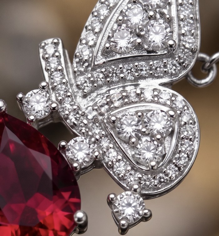 BLOOMING BEAUTY Genuine Pearl 0.2 CARAT lab grown Diamond rhodium over .925 Sterling Silver handcrafted Statement Earrings - Close-up of diamond and red gemstone detail on silver jewelry piece.