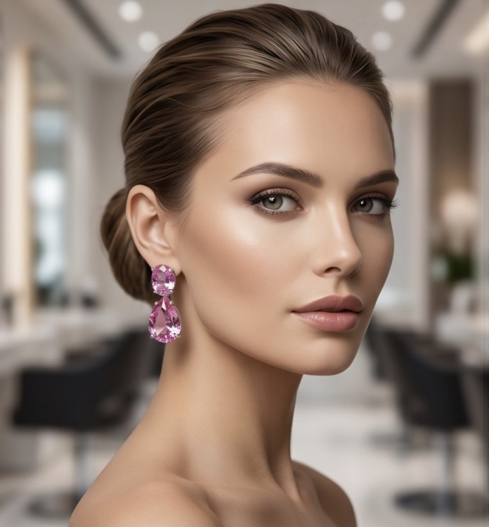 Large - Tiffany - authentic oval cut 49.7 carat Pink Sapphire .925 Sterling Silver handcrafted Earrings - Woman wearing large pink sapphire earrings, side profile.
