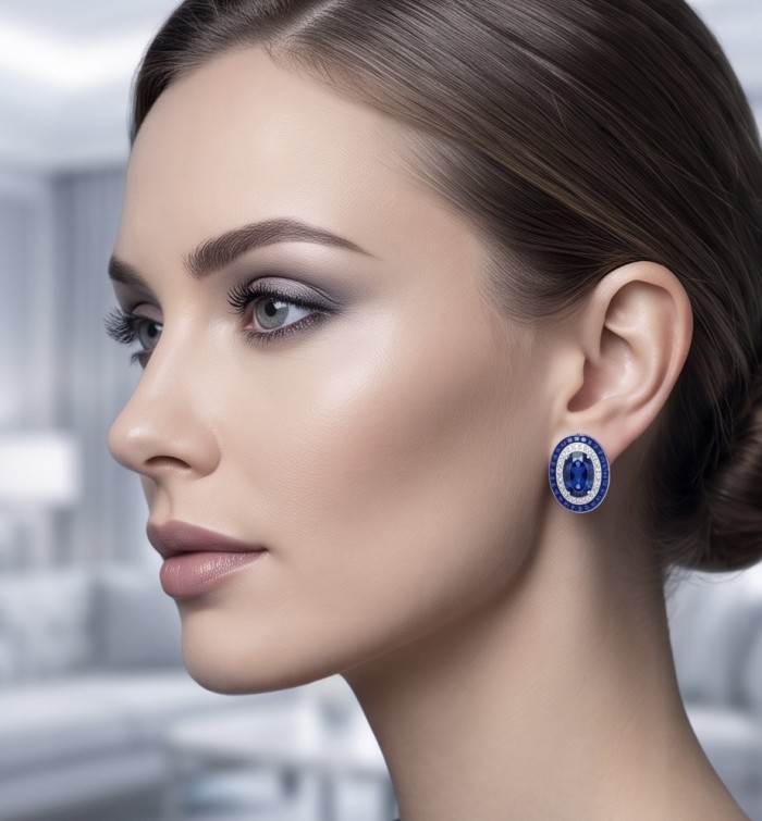 Art Deco - Incredible genuine 10.5 CARAT Sapphire .925 Sterling Silver handcrafted Earrings - Side view of Art Deco sapphire earrings worn on a model.