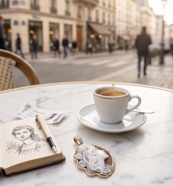 Dancing with the wind - vintage style Real Shell Cameo .925 Sterling Silver DIPPED IN RHODIUM handcrafted Made in Italy Statement pendant - Vintage shell cameo pendant on café table with coffee and sketchbook.