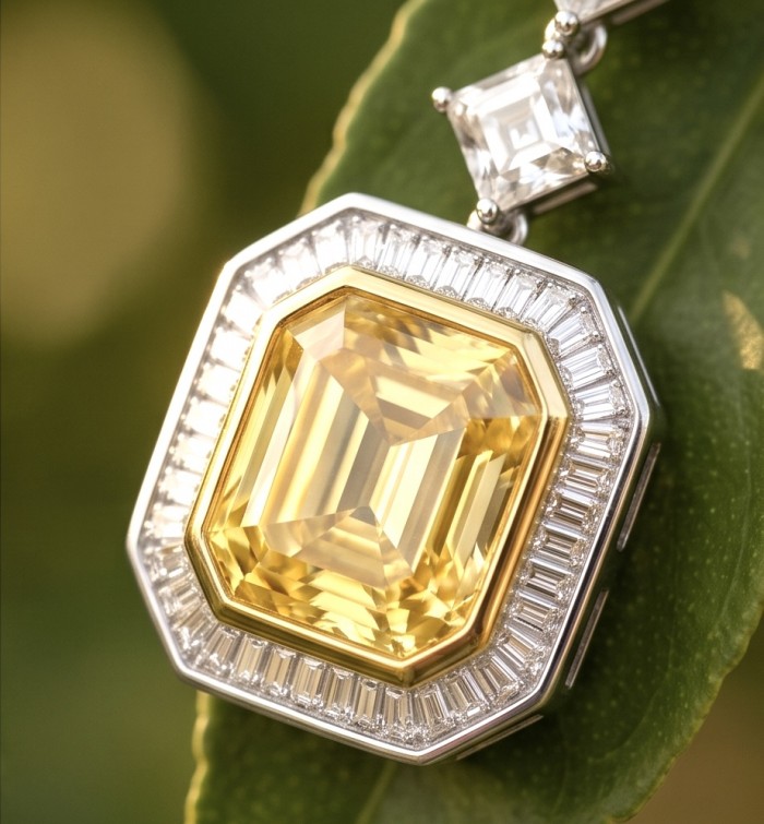 Art Deco - Luxurious asscher cut 20.5 carat Yellow Sapphire 18K Gold over .925 Sterling Silver handcrafted earrings - Close-up of Art Deco yellow sapphire pendant on leaf backdrop.