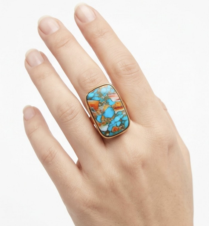 Rare 49.5 carat Oyster Turquoise 18K Gold over .925 Sterling Silver handcrafted Large ring; s. 7 adjustable - Large Oyster Turquoise ring in 18K gold, worn on hand, top view.