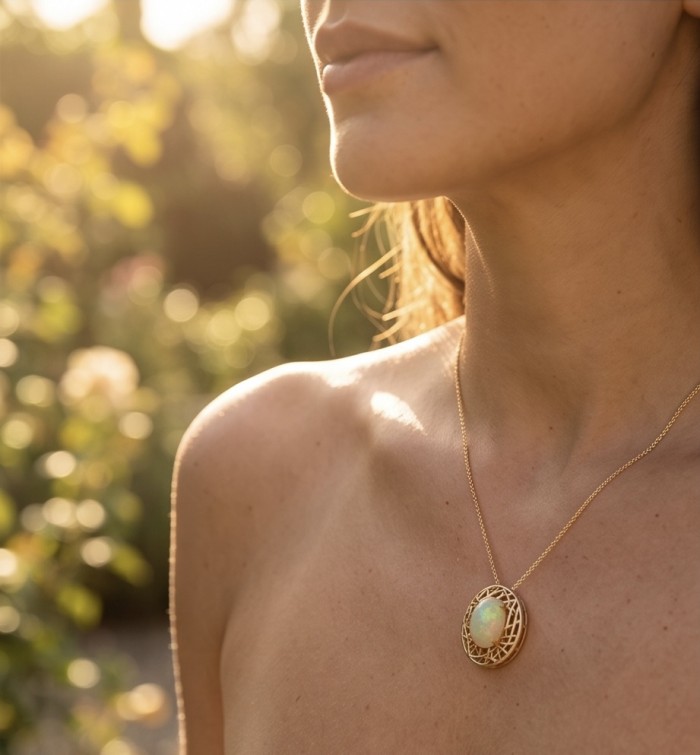 Earth Treasure Authentic 12.8 carat Golden Ethiopian Opal 22K Gold over .925 Sterling Silver handcrafted Statament Necklace - Opal pendant worn on neck in warm sunlight, close-up view.