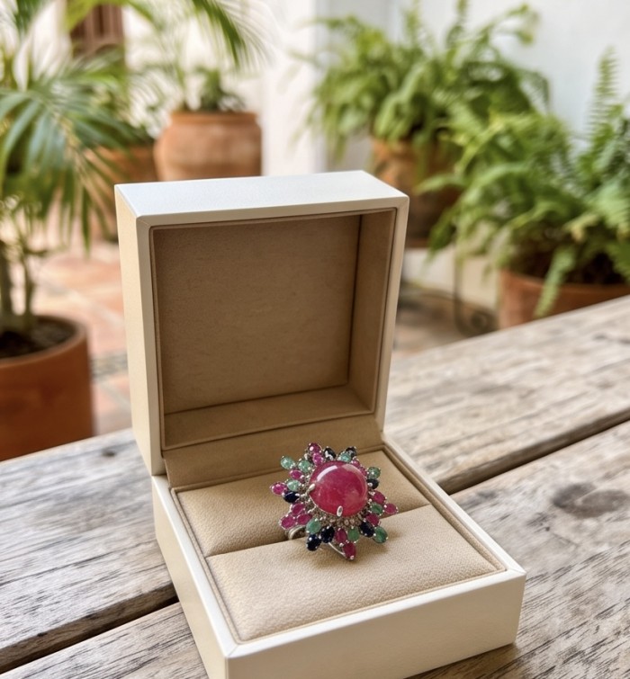 Giovanna Natural 8.6 carat Ruby pave Emerald .925 Sterling Silver dipped rhodium handmade Statement Ring size 8 - Ruby ring in box, top view, surrounded by emeralds and other stones