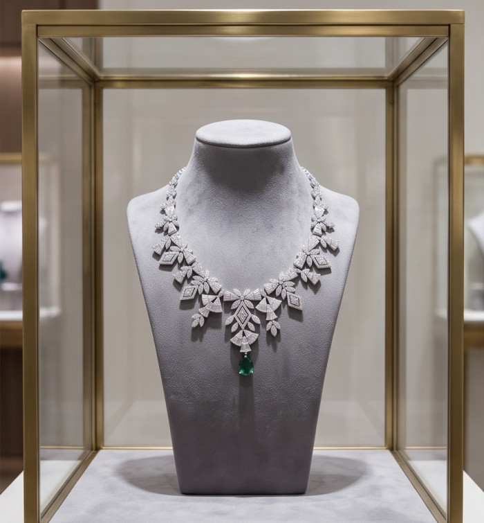Giovanna - Authentic 4.4 carat COLOMBIAN EMERALD .925 Sterling Silver handcrafted necklace - Front view of necklace with emerald and diamond design on display stand