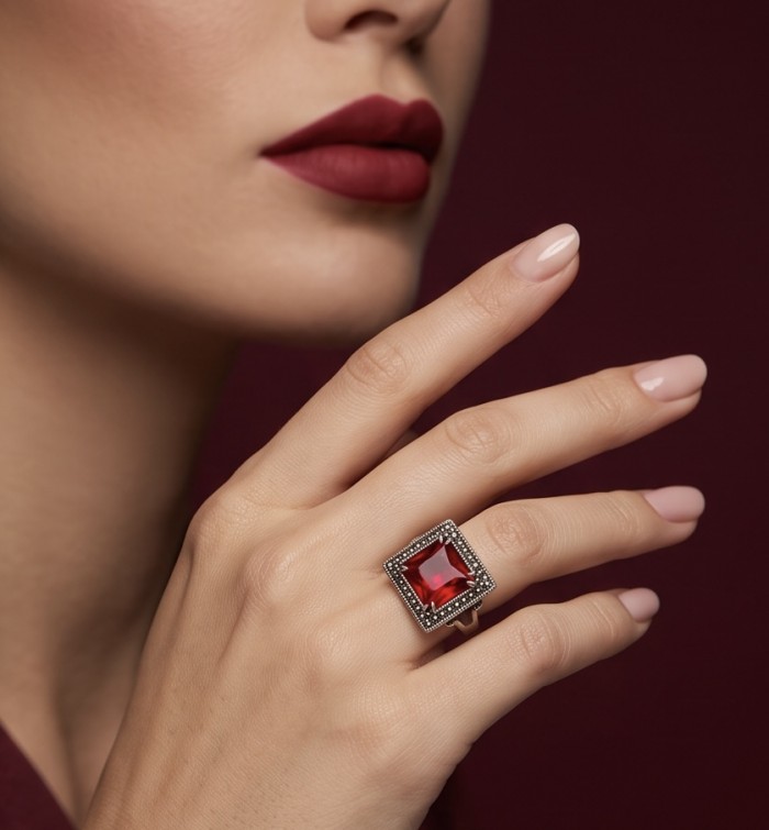 Carmen Natural asscher cut 14.7 carat Kashmir Ruby .925 Sterling Silver handmade Statement Ring size 8 - Carmen Kashmir Ruby ring worn on hand, showcasing stone and setting.