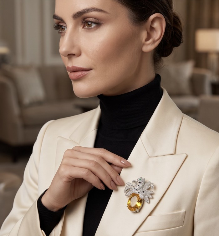 Yellow Cheetah authentic 12.5 carat yellow Sapphire .925 Sterling Silver Handcrafted pendant brooch - Side view of Yellow Cheetah brooch with 12.5 carat yellow sapphire
