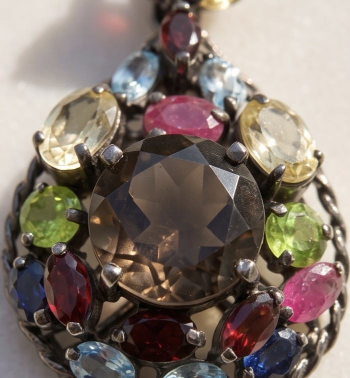 Conqueror Authentic 9.5 carat carved 10.8 CARAT Smoky Topaz black rhodium over .925 Sterling Silver handmade Statement Pendant - Close-up of multicolored gemstone pendant with smoky topaz center