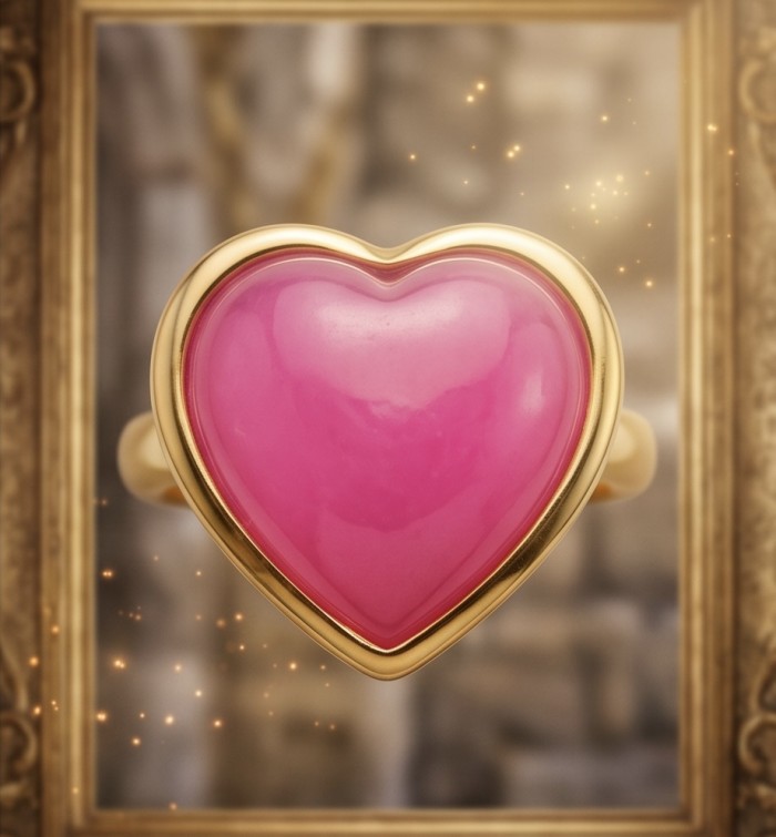 Angel's Heart Natural heart shape 12.7 carat Ruby .925 Sterling Silver dipped in 22K Gold handmade Statement Ring size 6 1/4 - Close-up of Angel's Heart ring with 12.7 carat heart-shaped ruby.