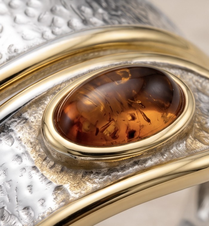 Vintage Style Authentic Golden Baltic Amber 18K Gold over .925 Sterling Silver entirely handcrafted ring; s. 6 - Close-up of vintage style amber stone set in 18K gold jewelry.