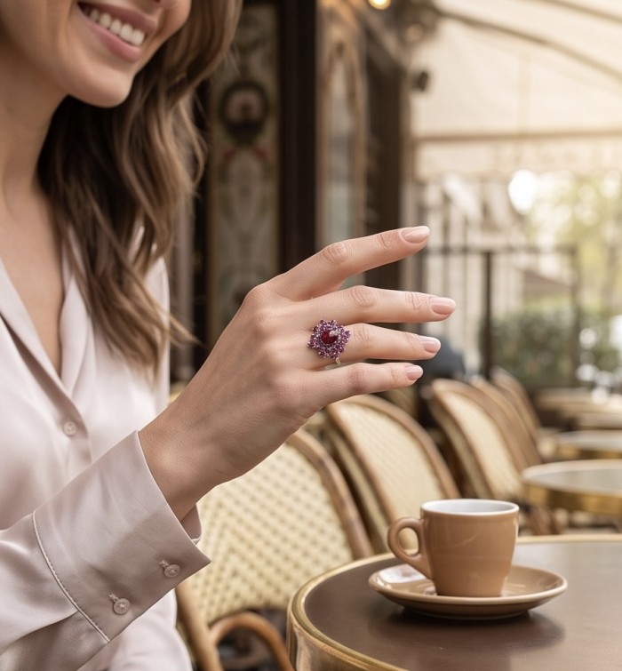 Bella Rosa Genuine 10.5 CARAT Ruby rhodium over .925 Sterling Silver Statement Ring size 6 3/4 - Worn on hand: Bella Rosa 10.5 carat ruby ring in café setting.