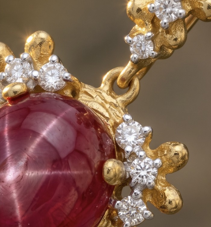 Rare finding - Deluxe 27.2 carat authentic Mozambique Ruby 22K Gold over .925 Sterling Silver handmade Statement Pendant - Ruby and diamond pendant close-up with gold setting.