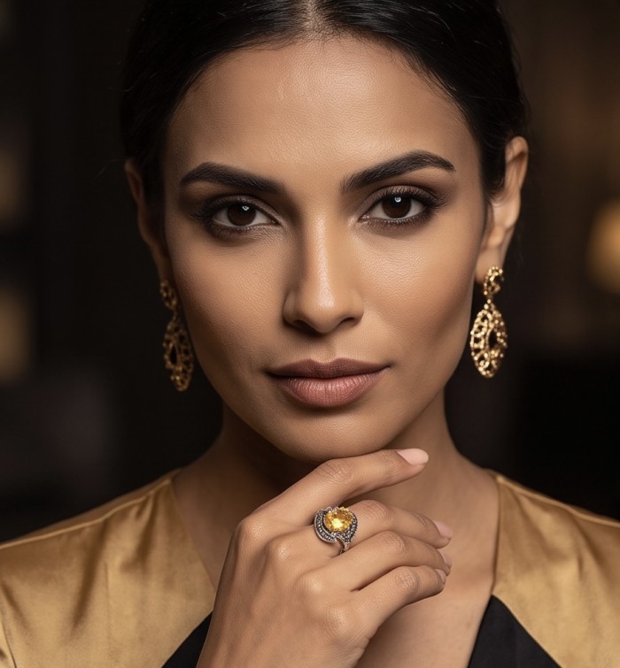 Authentic oval cut 10.2 carat Golden Topaz rhodium over .925 Sterling Silver ring s. 8 - Woman wearing 10.2 carat Golden Topaz ring and gold earrings.