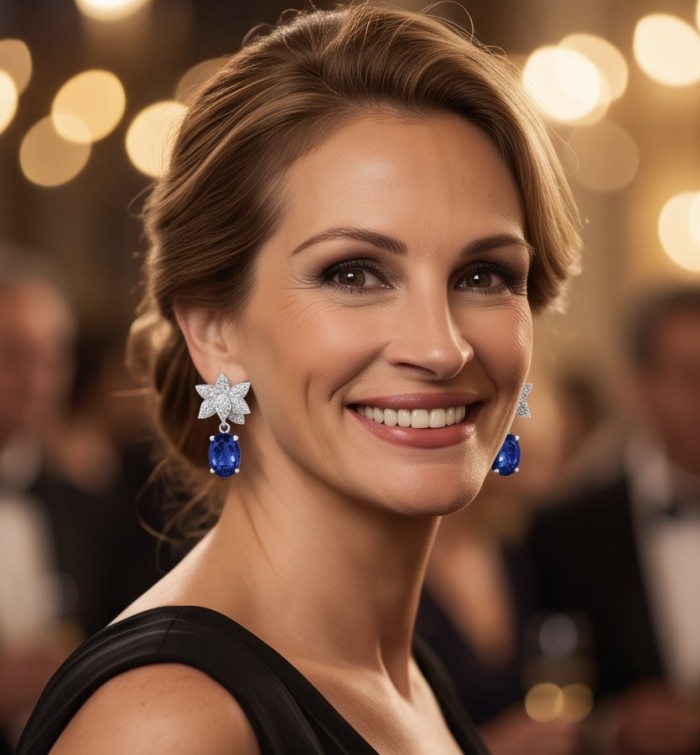 Best quality 5.5 carat African Kyanite .925 Sterling Silver dipped in rhodium handcrafted earrings - Woman wearing 5.5 carat African Kyanite earrings at formal event.