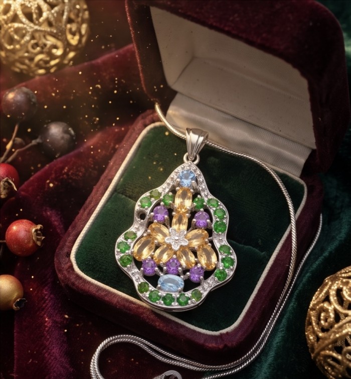 Giovanna - Authentic 18.9 carat Brazilian Citrine .925 Sterling Silver dipped in rhodium handcrafted Statement Pendant - Colorful gemstone pendant in an open box, top view.
