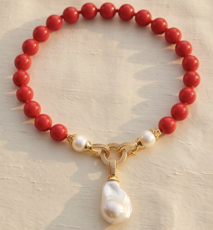 Konstancia Sublime natural Red Fossilized Coral 14K Gold over Sterling Silver handmade Necklace - Necklace top view with red coral beads and gold accent