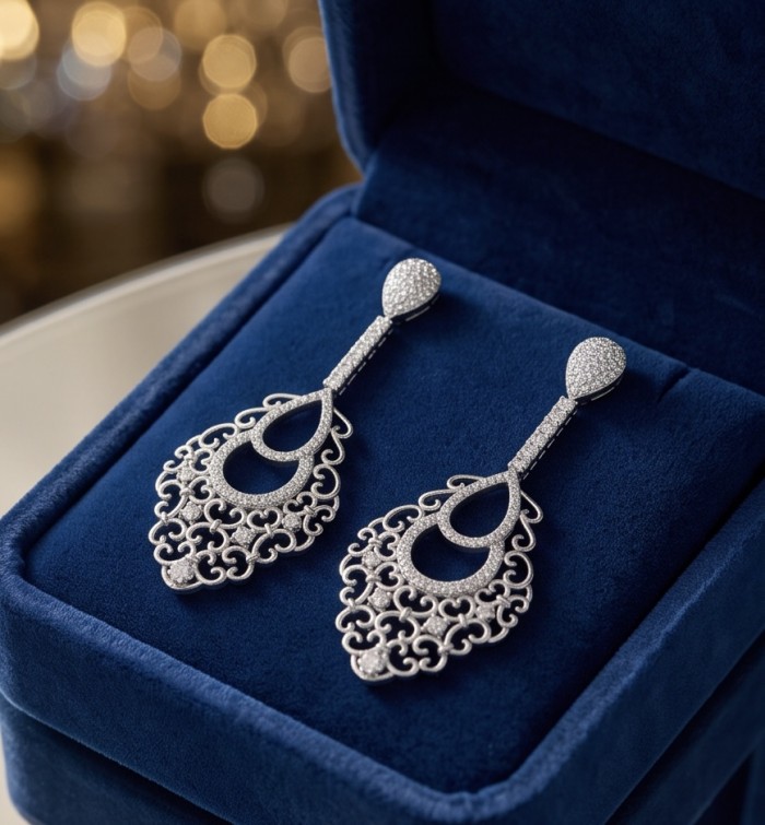 Genuine lab grown Diamond 18K White Gold over .925 Sterling Silver handcrafted Statement Earrings - Earrings in blue velvet box, detailed filigree and teardrop design.