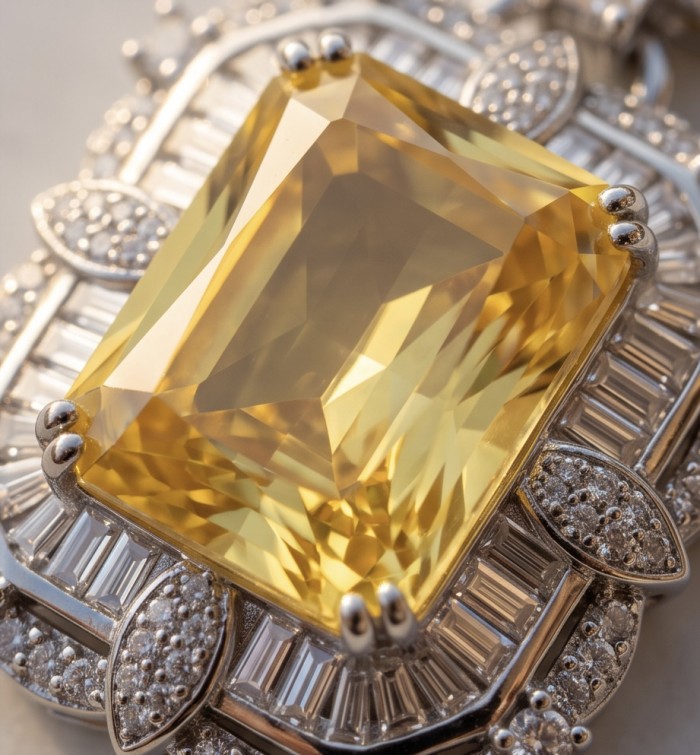 Art Deco - Baquette cut 35.5 carat YELLOW SAPPHIRE .925 Sterling Silver dipped in Rhodium handcrafted necklace - Close-up of Art Deco 35.5 carat yellow sapphire with diamond accents