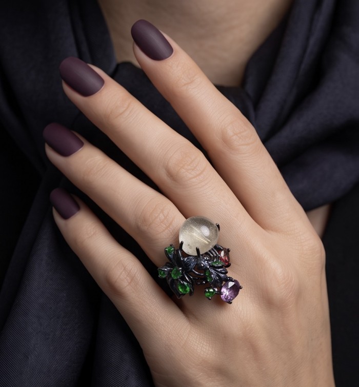 Large Best quality Golden Rutilated Quartz black rhodium over .925 Sterling Silver handcrafted Ring Size 8 1/2 - Ring with Golden Rutilated Quartz, worn on hand, purple nails.
