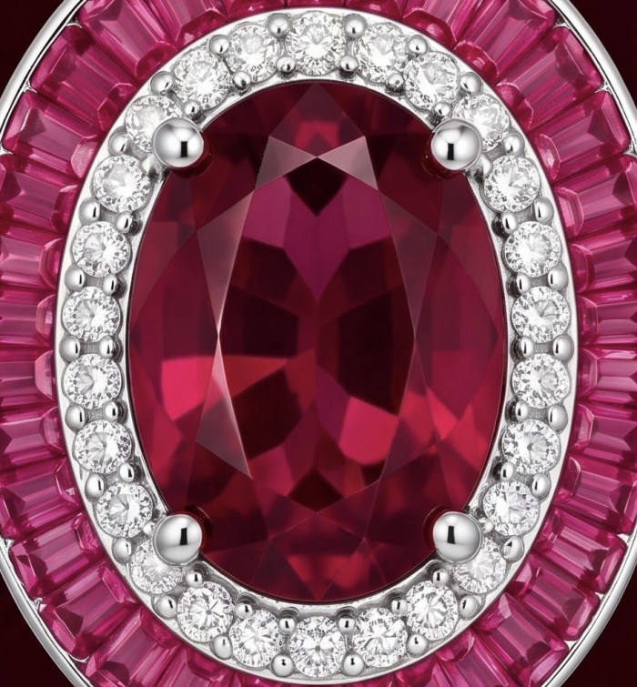 Precious - Art Deco 10.2 carat Ruby .925 Sterling Silver handmade earrings - Close-up of Art Deco 10.2ct ruby with diamond halo in sterling silver