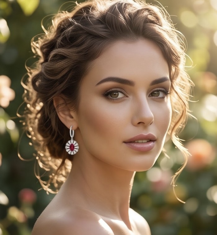 Giovanna - 4.5 carat Ruby .925 Sterling Silver handcrafted incredible earrings - Woman wearing Giovanna ruby earrings, side view, outdoor setting.