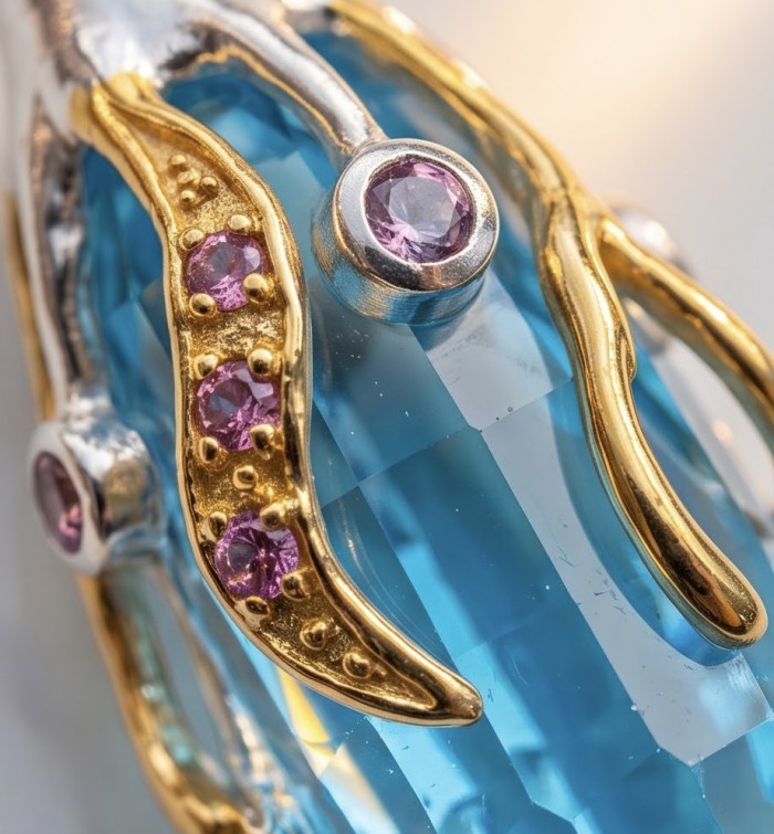 Blue Ocean Drops - 22.7 carat carved Swiss Blue Topaz 0.8 CARAT Ruby .925 Sterling Silver dipped in Rhodium Handcrafted Statement earrings - Close-up of Blue Ocean Drops' intricate stone and setting details