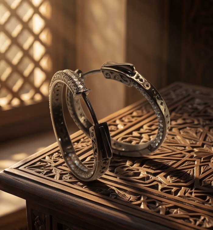Allure Natural pave 4.2 carat White Topaz Black rhodium .925 Sterling Silver handcrafted hoop earrings - Side view of Allure Natural pave 4.2 carat White Topaz black rhodium bangle.