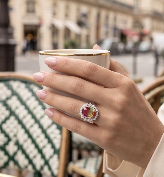 12.8 carat Brazilian Tourmaline .925 Sterling Silver dipped in rhodium Perfectly handcrafted Ring s. 8 - Brazilian Tourmaline ring on hand holding a cup, in a cafe setting.