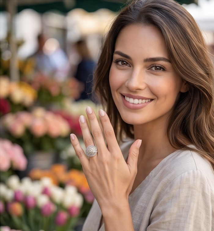 Casablanca Italy made 1.8 carat Morganite Peridot .925 Sterling Silver brilliantly handcrafted ring s. 8 - Woman wearing Casablanca Italy ring with flowers in the background