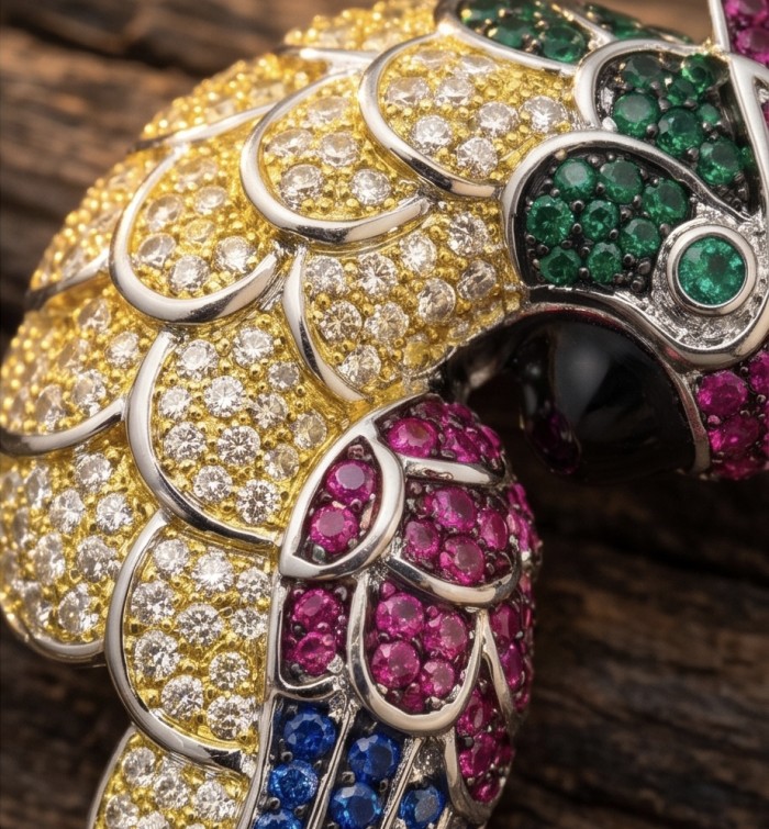 Exotic Parrot - 10.5 carat Ruby Emerald Sapphire 22K Gold over .925 Sterling Silver rhodium over handcrafted pendant - Close-up of exotic parrot jewelry with colorful gems and detailed design.