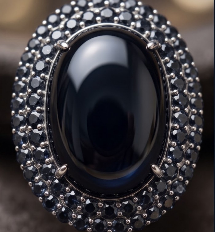 Vintrage Design - Large 58.8 carat Genuine the best quality Mexican Onyx .925 Sterling Silver handcrafted Pendant Brooch - Close-up of large black stone ring with intricate gemstone setting